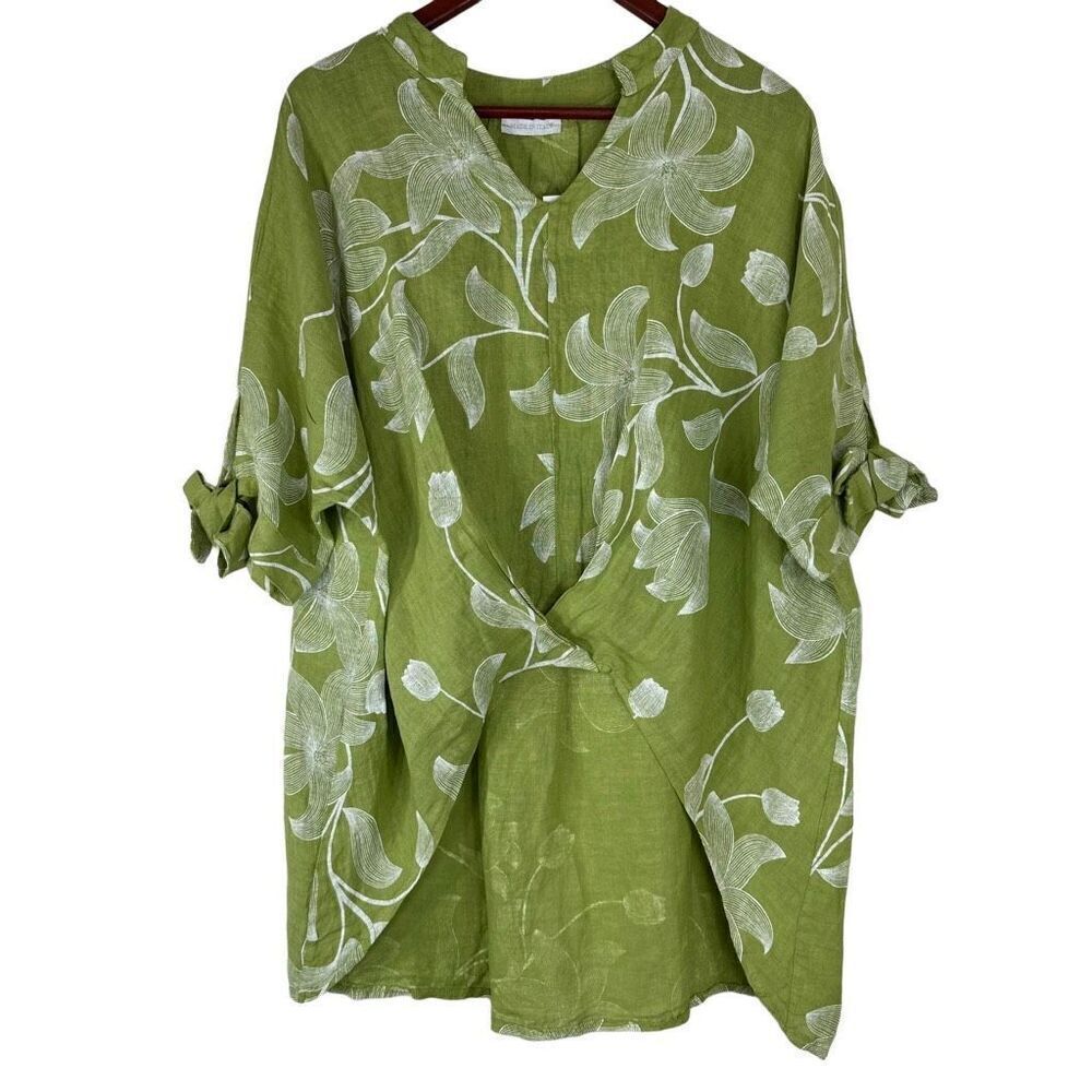 Italian 100% Linen Boho Green Floral Hi-Low Relaxed Fit Tunic Top Women One Size - Picture 1 of 8